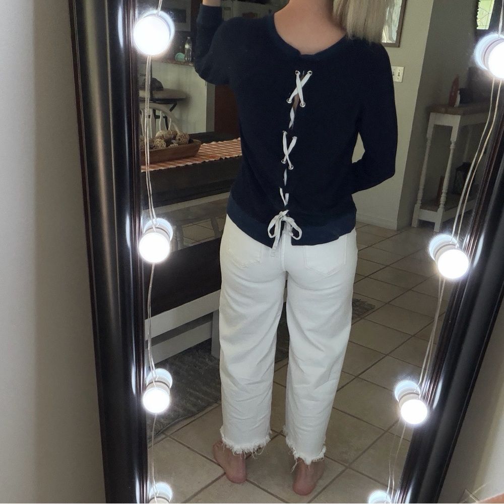 Monrow Navy Blue Lace Up Back Scoop Neck Long Sleeve Top